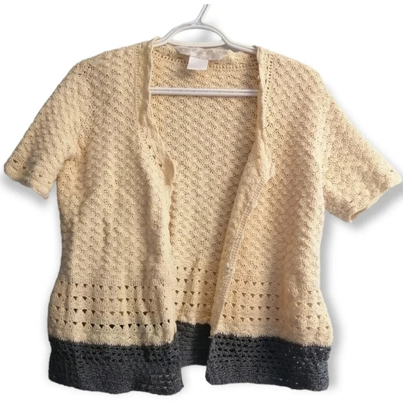 Vintage Scalloped Knit Short Sleeve Button Cardigan Cottage Grandma Small - Picture 2 of 16